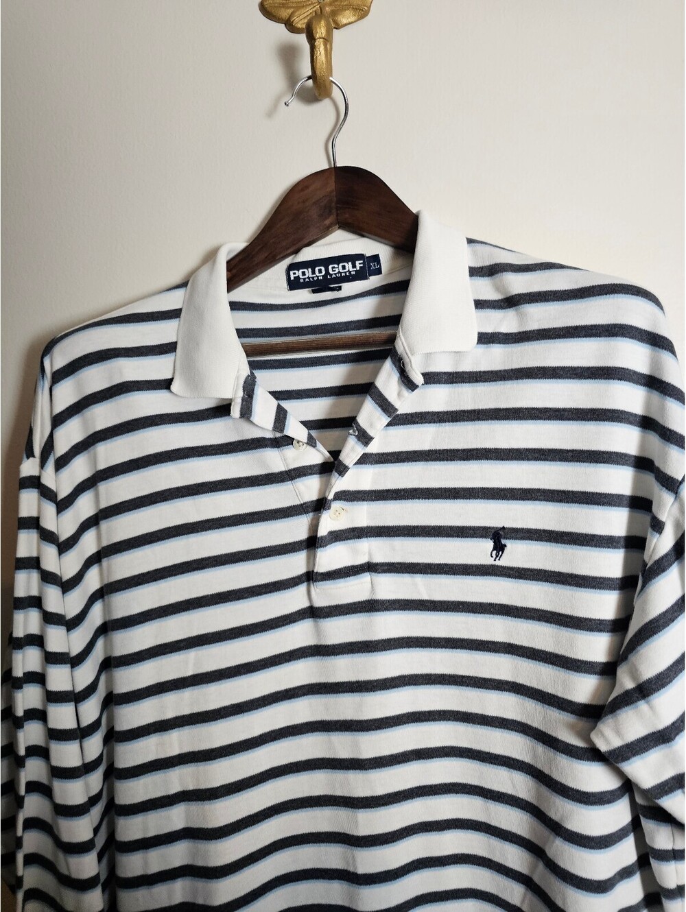 Ralph Lauren Golf Top White & Blue Stripes Mens XL Long Slee